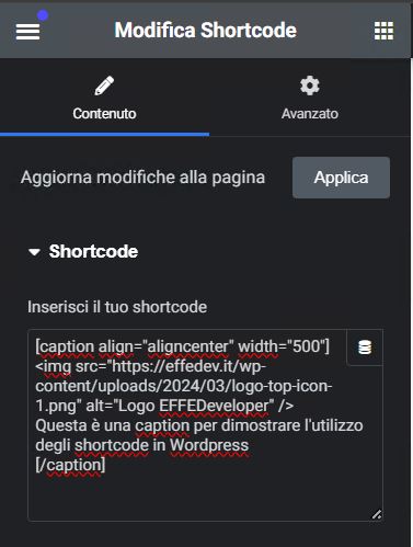configurazione widget shortcode elementor